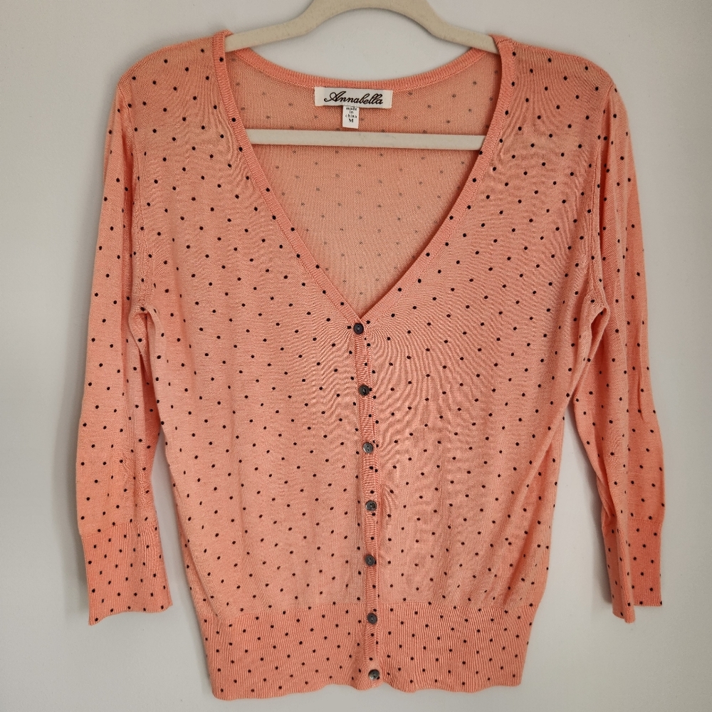 Annabella by Francesca's Size M Peach Polka Dot V-Neck Button Sweater 3/4 Sleeve